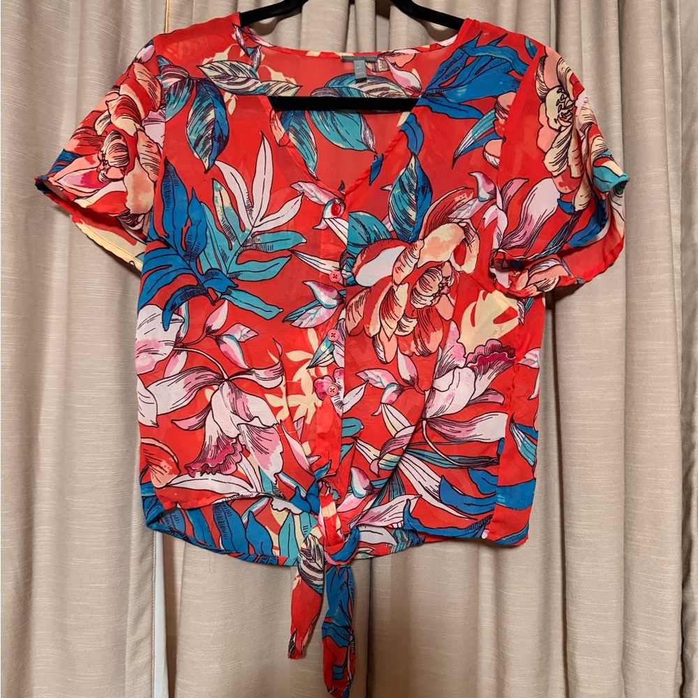 Charlotte Russe Red Floral Tie-Front Blouse